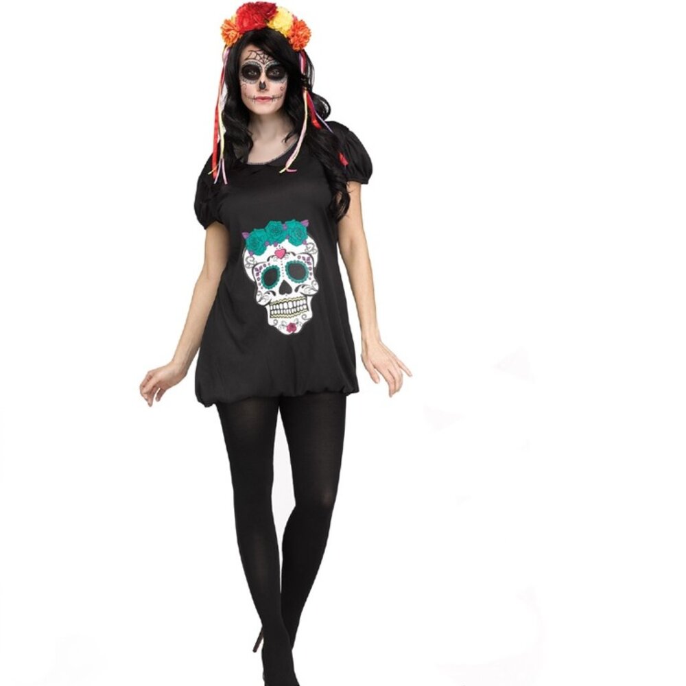 Womens DAY of THE DEAD Tunic Dress Halloween Costume Size S/M 2/8 M/L 10/14 NWT